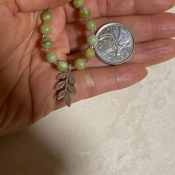 Serpentine Stone Silver Leaf Branch Necklace, Genuine Gemstone Beaded Necklace - Picture 9 of 9